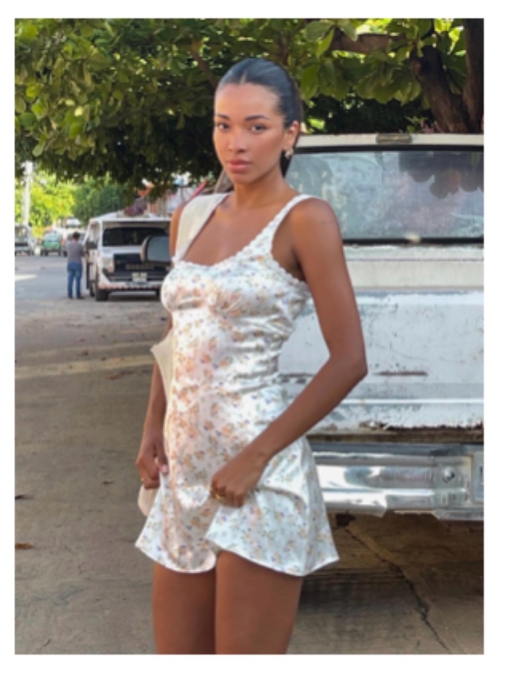 Princess Polly Satin Floral Slip Dress — White with Pastel Floral